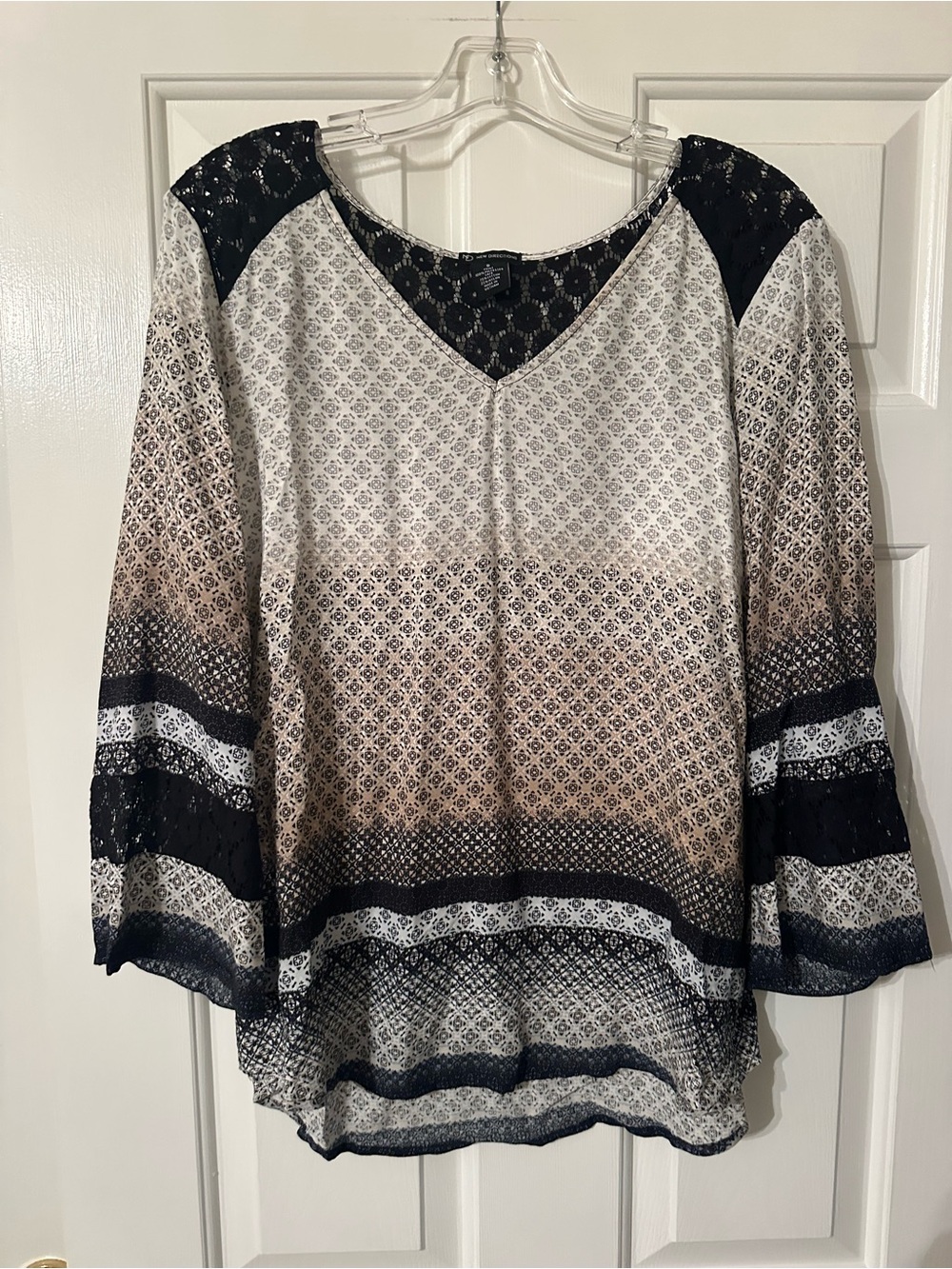 new directions Ombre Lace-Accent V-Neck Blouse in Black and Cream